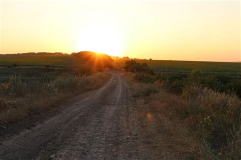 Premium Photo | A dirt road with a sunset in the background