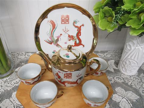 Chinese Gold Dragon Tea Set Vintage Tea Set With Tray Teapot Etsy