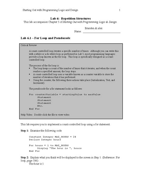 Lab 6 Student Lab Works For Cs 111 Lab 6 Repetition Structures