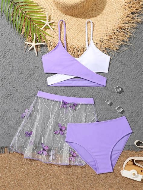 Girls Two Tone Wrap Cross Bikini Swimsuit Butterfly Print Beach Skirt