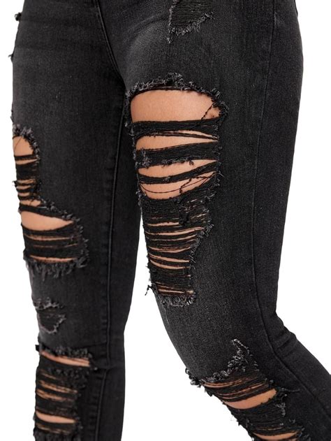 Women S High Waist Denim Pants Ripped Skinny Jeans Black