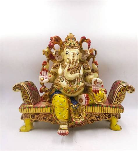 Lord Ganesha Statue Sitting On Singhasan Gold Paint In Marble Dust