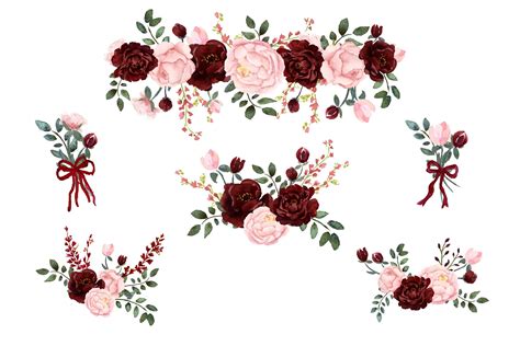 Blush Burgundy Watercolor Clip Art Floral Watercolor Burgundy