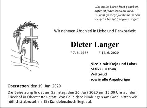 Traueranzeigen von Dieter Langer | Trauerportal Ihrer Tageszeitung