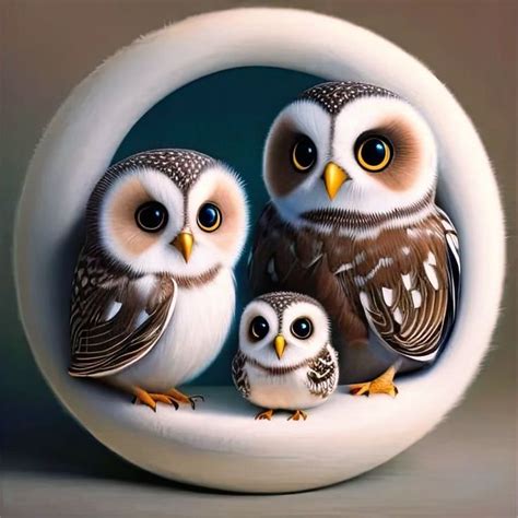 Two Owls Sitting On Top Of Each Other In Front Of A White Object With