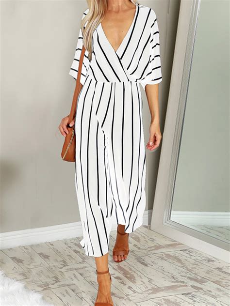 Women Casual Loose Deep V Neck Striped Jumpsuit