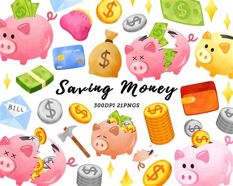 Watercolor Saving Money Clipart / Piggy Bank Clipart / Money Clipart