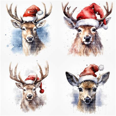 12 Deer With Santa Hat Clipart Digital Download Printable - Etsy