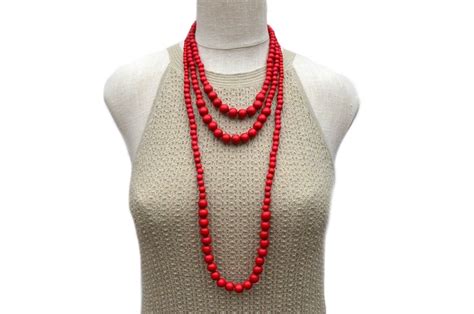 Long Red Necklace Long Red Beaded Necklace Long Beaded Etsy