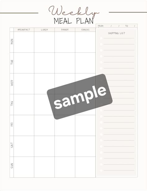 Weekly Meal Plan Printable Downloadable Etsy