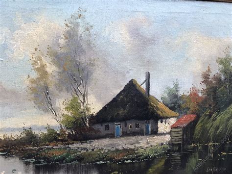 Antiques Atlas River Landscape Oil Painting Of Thatched Cottage