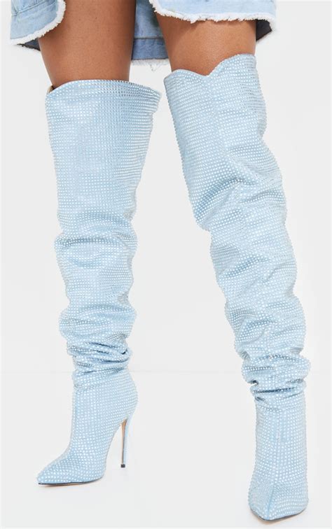 Blue Diamante Slouch Thigh High Boots Footwear Prettylittlething Aus