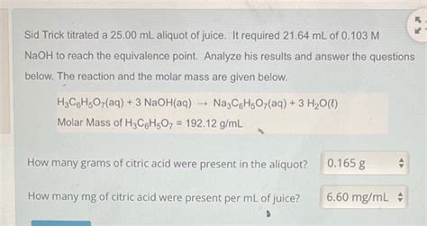 Solved Sid Trick Titrated A 25 00 ML Aliquot Of Juice It Chegg