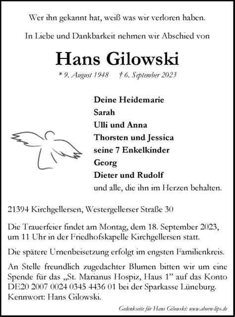 Traueranzeigen von Hans Gilowski Trauer Lüneburg de