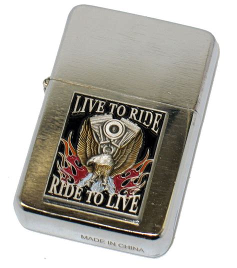 Live To Ride Biker Emblem Brushed Chrome Soft Flame Lighter Flint Spark