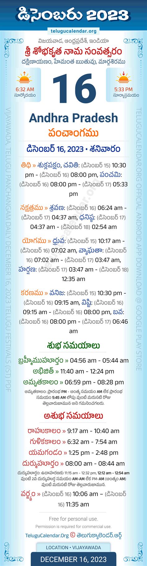 Andhra Pradesh December 16 2023 Telugu Panchangam