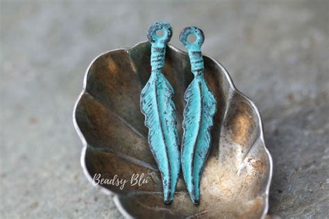 Mykonos Feather Charm Turquoise Patina X Mm Greek Cast Etsy