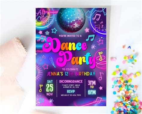 Editable Neon Dance Party Invitation Template Neon Glow Dance Party