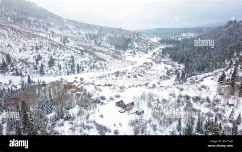 Aerial view of rural mountain community in the Winter Stock Photo - Alamy