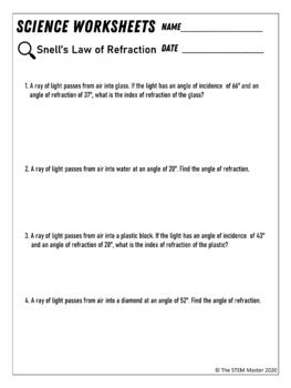 Snell S Law Of Refraction Worksheet By The Stem Master Tpt