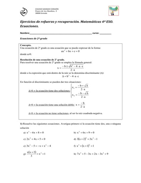 Ejercicios de refuerzo y recuperación Matemáticas 4º ESO