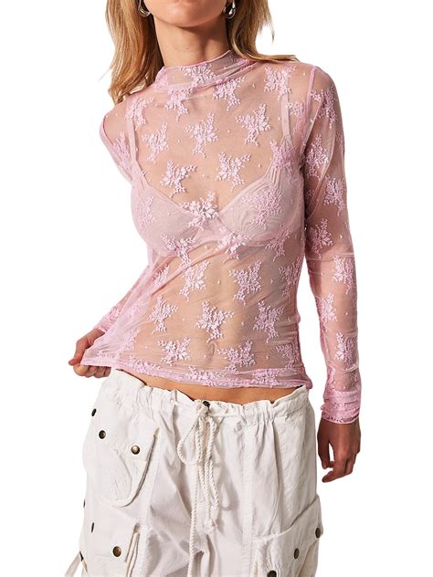 Womens Sheer Mesh Layering Top Long Sleeve Mock Neck Lace Floral See