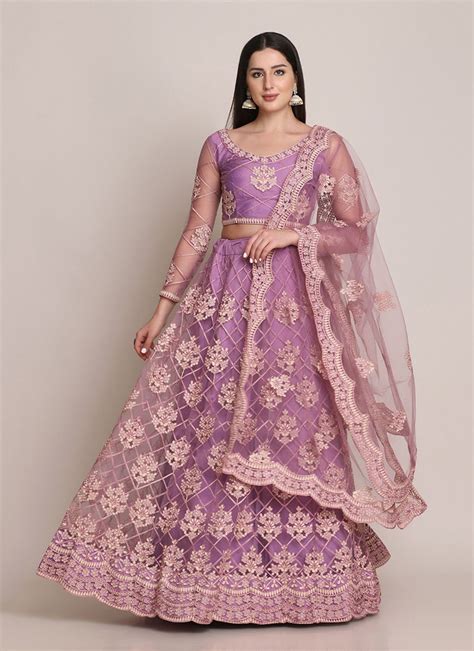 Shop Purple Net Embroidered Stone Work Umbrella Lehenga Party Wear