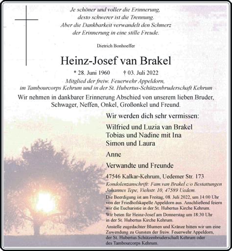 Alle Traueranzeigen F R Heinz Josef Van Brakel Trauer Rp Online De