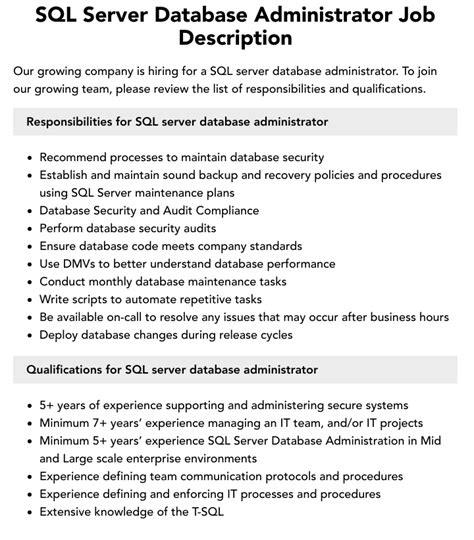 Sql Server Database Administrator Job Description Velvet Jobs