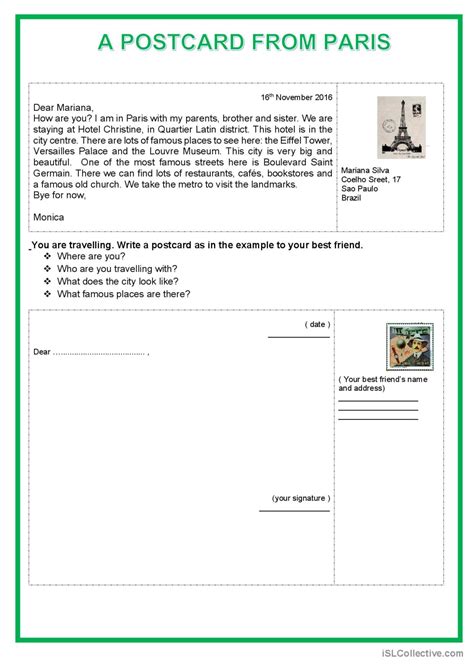 A Postcard From Paris English ESL Worksheets Pdf Doc