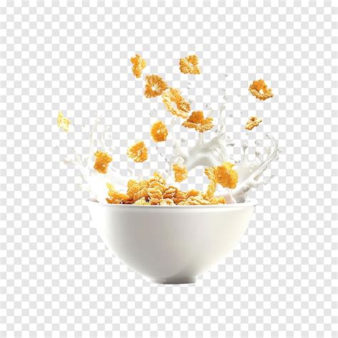 Corn Flakes With Milk Splash In Bowl Isolated On A Transparent