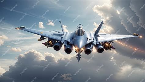 Premium Photo A Fighter Jet Flying Through A Cloudy Sky