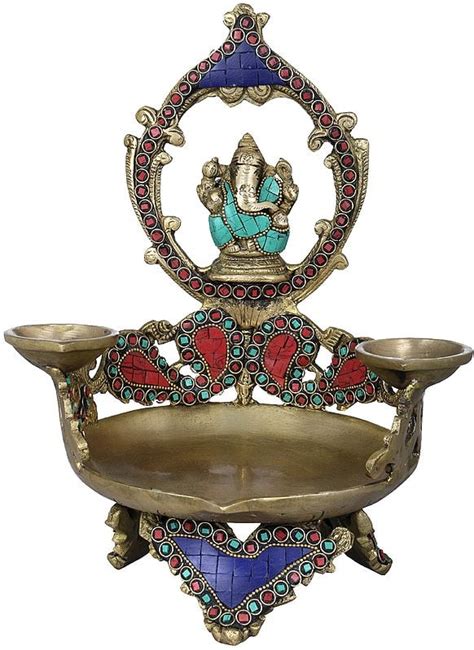 Large Ganesha Diya With Two Small Diyas In Brass Handmade Made