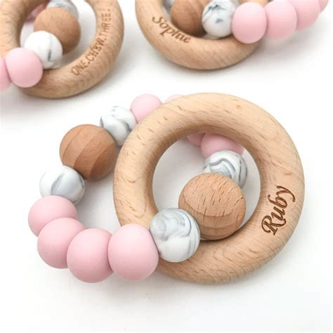 Personalised Single Rattle Teethers In Beautiful Pink And Marble