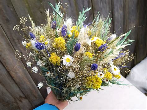 White Daisies Dried Flower Bouquet Purple Yellow Dried Flower Etsy