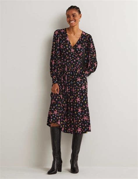 Fixed Wrap Jersey Midi Dress Black Star Floral Boden Uk