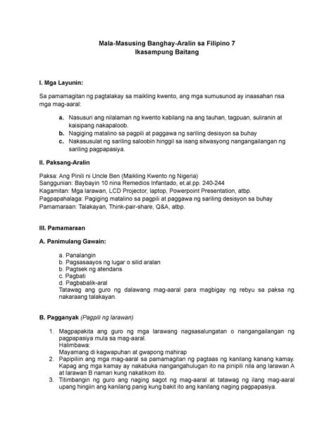 Mala Masusing Banghay Aralin Mala Masusing Banghay Aralin Sa Filipino