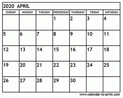 Blank Calendar Worksheet For April 2020 Example Calendar Printable