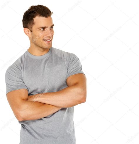 Handsome Man With Arms Crossed Looking His Left On White Stock Photo By