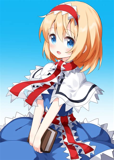 Safebooru 1girl Alice Margatroid Bangs Blonde Hair Blue Background Blue Dress Blue Eyes Book