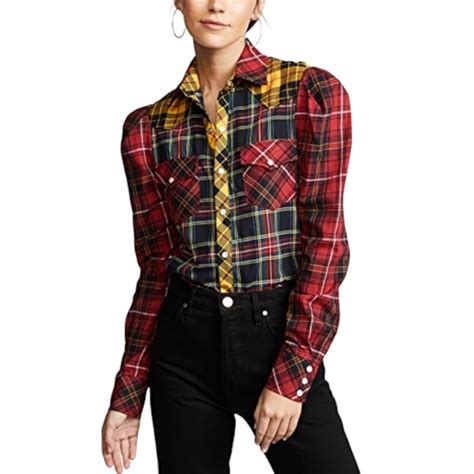 Petersyn Tops Petersyn Aldrich Tartan Plaid Western Pearl Snap Puff