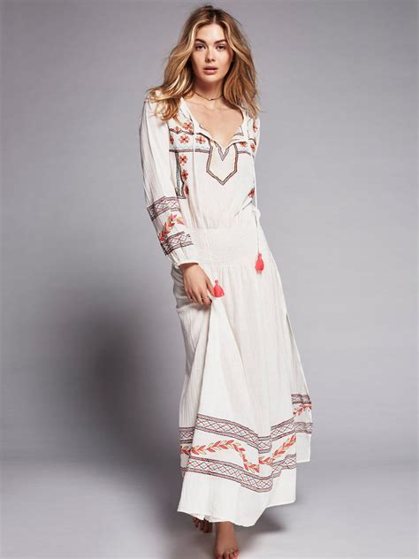 Embroidered Boho Maxi Dress Mystical White With Colorful Embroidery