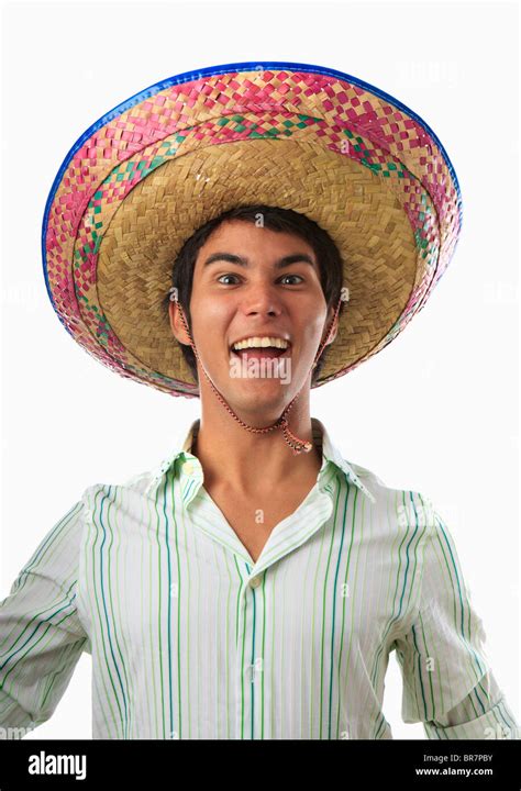 Portrait Of Smiling Mexican Man In Sombrero Stock Photo Alamy