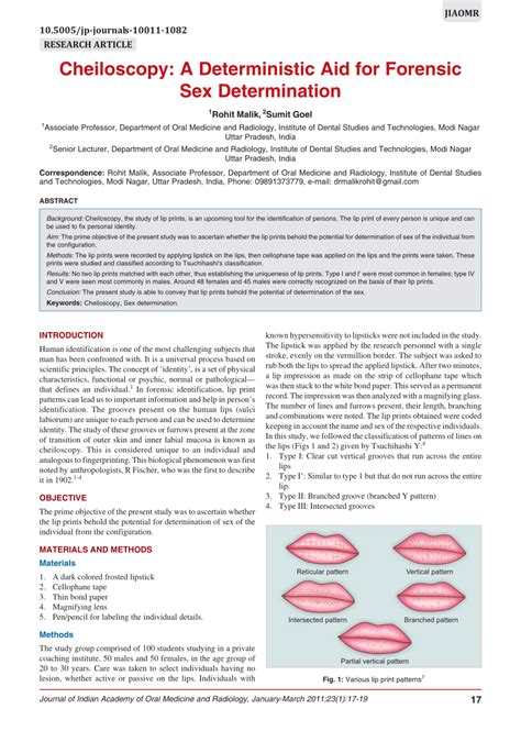 Pdf Cheiloscopy A Deterministic Aid For Forensic Sex Determination