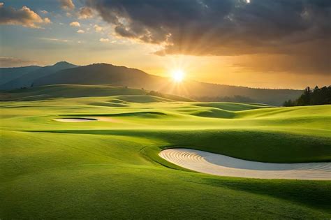 Premium AI Image Golf Course With A Sunset In The Background