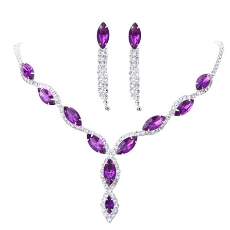 Purple Necklace Earrings Set Crystal Rhinestone Diamante Wedding