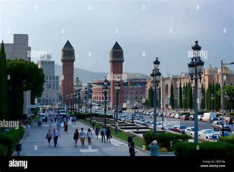 BARCELONA, SPAIN - JULY 13, 2013: On the street of Queen Maria Cristina in Barcelona Stock Photo ...