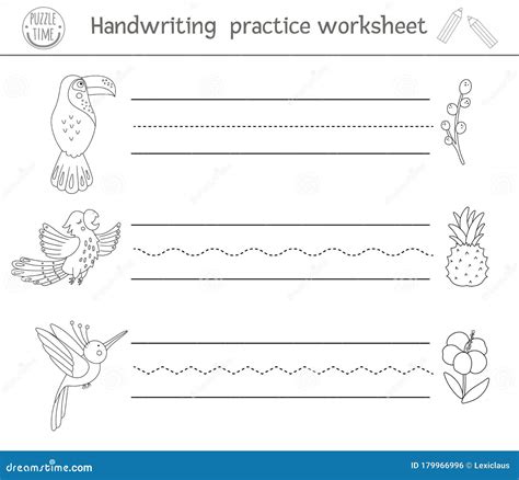 Vector Handwriting Practice Worksheet Printable Black And White