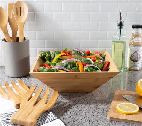 Classic Cuisine Square Bamboo Salad Bowl With Utensils Qvc