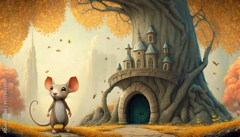 a cute little mouse in front of a tree entrance, fairytale cartoon art ...